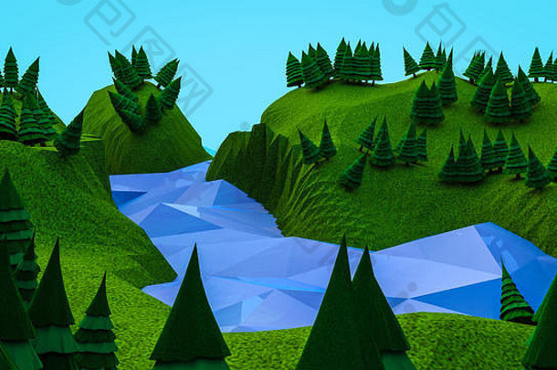 低多边形树山景观电脑图形呈现