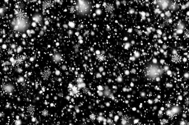 降雪黑色的孤立的背景下降雪花设计冬天装饰概念