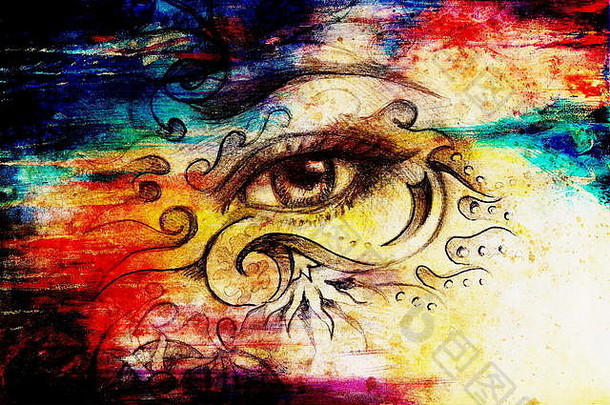 女人眼睛点缀铅笔画眼睛联系颜色效果电脑拼贴画
