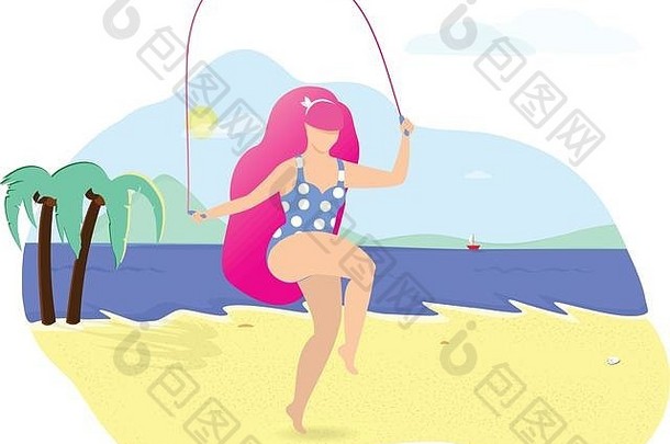 年轻的美丽的女孩长粉红色的头发跳跳绳子海滩女人蓝色的泳衣波尔卡点模式身体积极的健康的生活