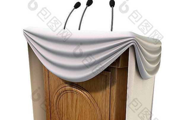 木演讲讲台上小麦克风附加装饰通用的白色隔声材料孤立的白色以某
