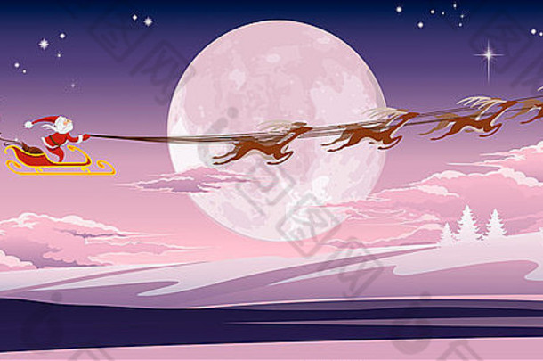 圣诞老人的雪橇飞行空气前面月亮