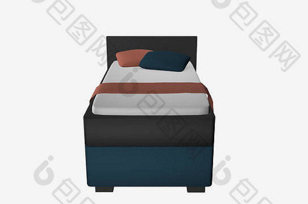 gray-turquoise单床上前面枕头毯子装饰呈现孤立的白色