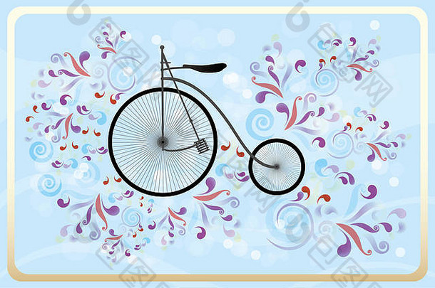 复古的自行车色彩斑斓的漩涡蓝色的波泡沫背景金框架