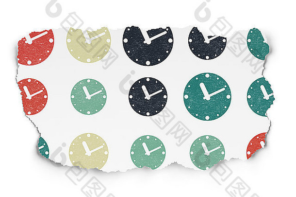 时间轴概念时钟图标撕裂纸背景