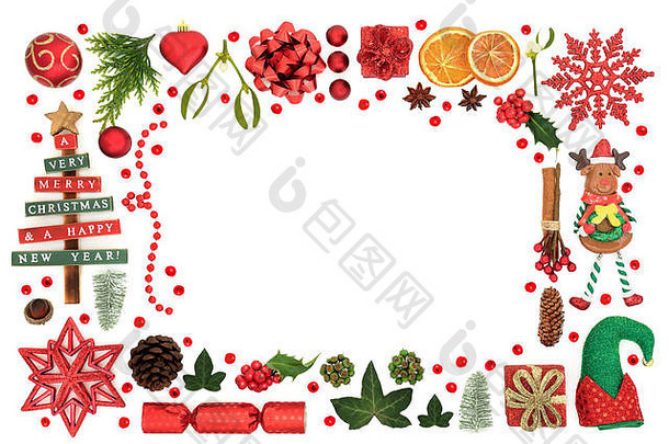 圣诞节背景边境节日小玩意装饰冬天外面食物符号宽松的浆果白色背景复制空间