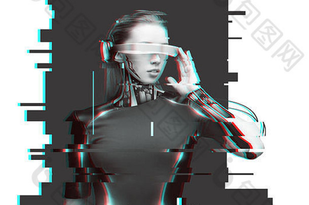 女人Cyborg未来主义的眼镜传感器