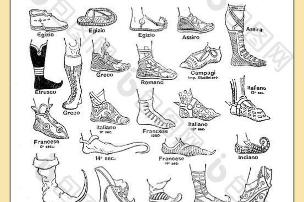 历史古董鞋子埃及次说明表格意大利描述词典早期