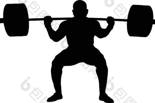 运动员力量举重运动员蹲杠铃肩膀力量举重黑色的轮廓白色背景