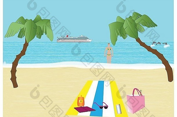 热带海滩棕榈树海豚女人比基尼巡航衬管