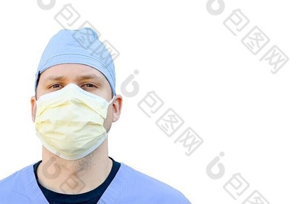 护士实习医生风云穿医疗面具专业孤立的白色背景复制空间文本空白冠状病毒横幅添加单词