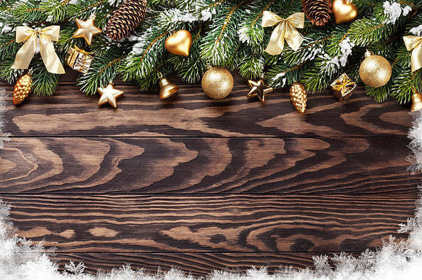 圣诞节木背景雪冷杉树装饰前视图复制空间文本