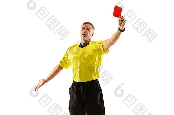 裁判显示红色的卡手势足球足球球员游戏孤立的白色工作室背景概念体育运动规则违反有争议的问题障碍克服