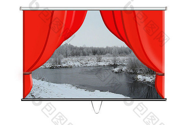 屏幕红色的窗帘美丽的景观冬天河