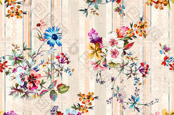 无缝的彩色的花纺织重复复古的风格花古董风格有效地背景
