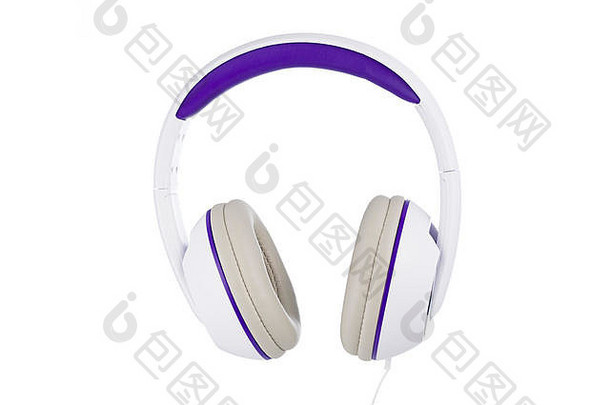 白色紫色的垫耳机前面视图孤立的白色背景