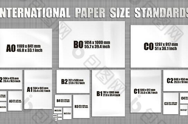 完整的集国际iso格式标准纸表系列模拟现实的白色纸页面大小