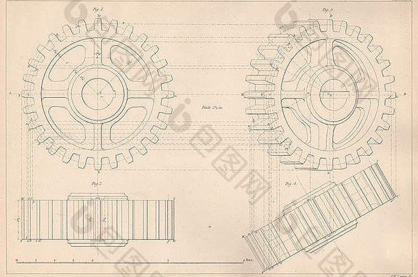 维多利亚时代工程画斜投影正小齿轮打印