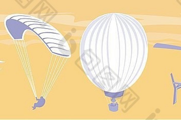 插图螺旋桨飞机客机降落伞热空气气球直升机