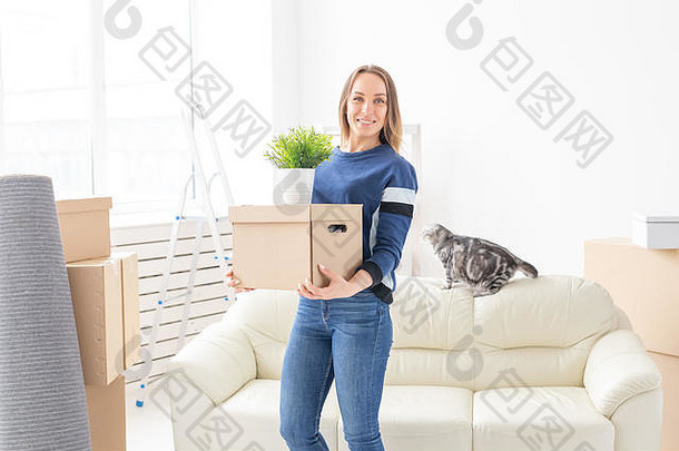 迷人的年轻的单女人持有盒子的事情移动站公寓灰色的垂耳的苏格兰猫