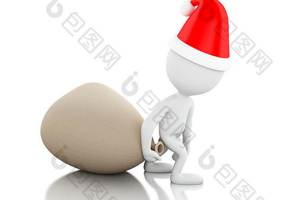 渲染器图像圣诞老人老人袋礼物圣诞节概念孤立的白色背景