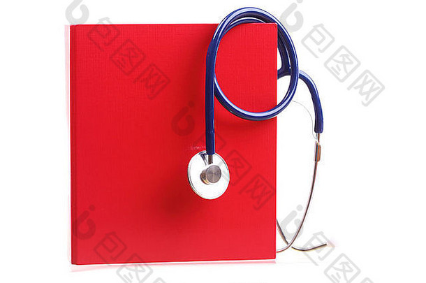 蓝色的听诊器医疗保健仪器孤立的白色红色的文件文件夹粘结剂