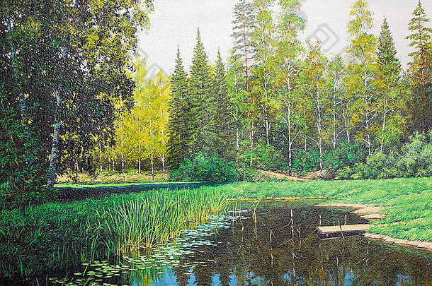 森林窄湖摘要景观艺术画石油插图粗糙的帆布