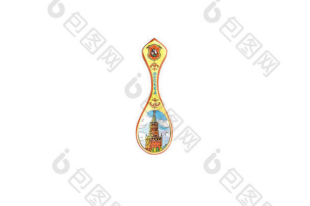 陶瓷纪念品玩具形式勺子美丽的颜色绘画孤立的白色背景反映国家俄罗斯文化