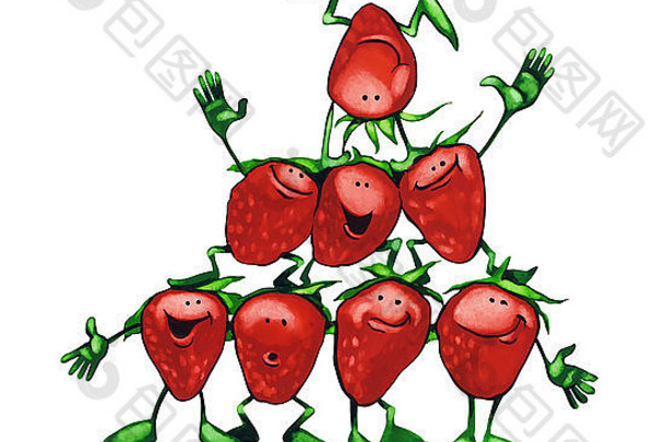 水彩插图快乐草莓金字塔