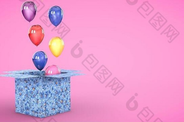 礼物盒子色彩斑斓的气球内部打开气球电梯生日情人节周年纪念日概念呈现