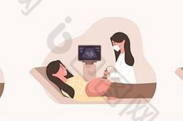 集胚胎婴儿健康诊断插图女医生扫描年轻的妈妈。女孩肚子微笑