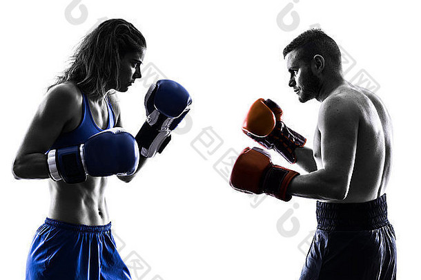女人拳击手拳击男人。跆拳道轮廓孤立的白色背景