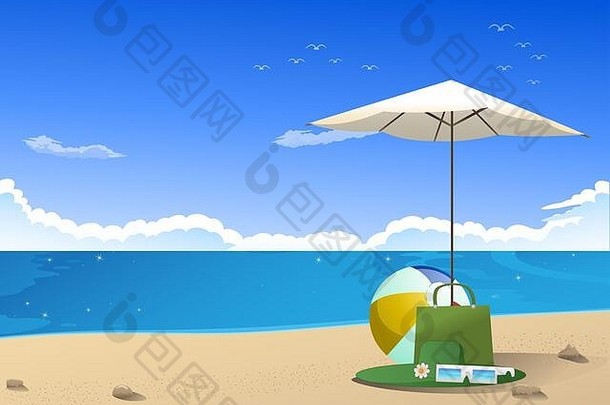 插图夏天假期他太阳眼镜桑迪海滩背景