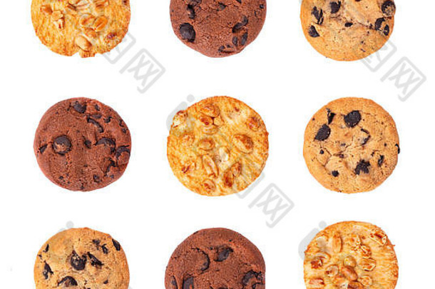 集饼干花生双巧克力孤立的白色背景甜蜜的饼干自制的糕点前视图