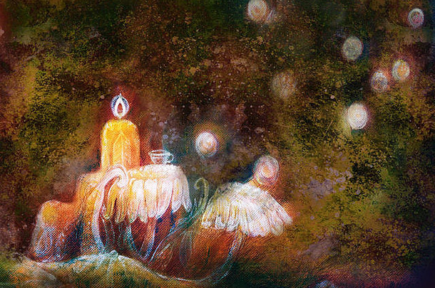 神奇的仙女喝茶时间表格设置组成花浮动灯穆斯结构