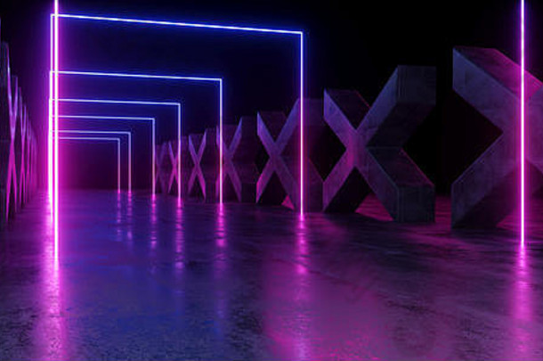 紫色的<strong>蓝色</strong>的黑暗充满活力的霓虹灯荧光矩形形状的sci未来主义的跟踪路径难看的东西混凝土交叉形状的光滑的反光地板上安德格鲁