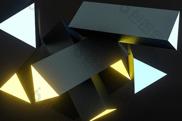 呈现黄色的发光的三角形支柱黑暗背景电脑数字背景