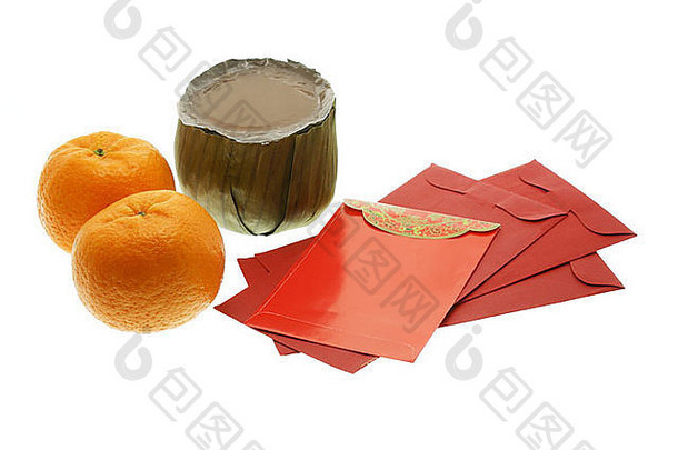 中国人一年蛋糕橙子红色的包白色背景