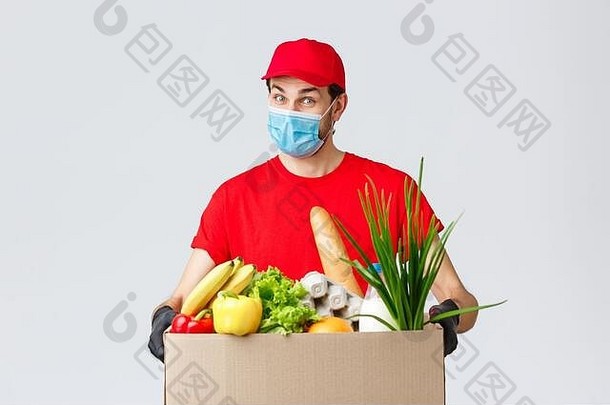食品杂货包交付科维德检疫购物概念友好的快递脸面具手套红色的统一的带食物盒子