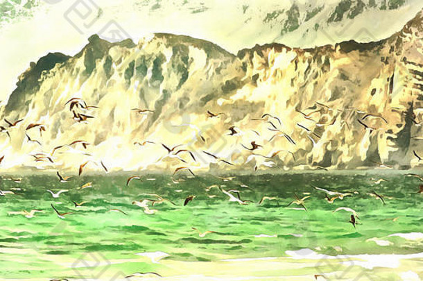 海鸥飞行水背景高悬崖