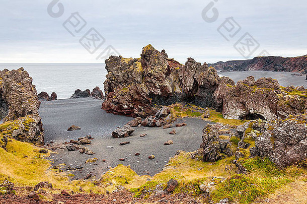 冰岛海滩<strong>黑色</strong>的熔岩<strong>岩石</strong>斯奈山半岛半岛冰岛