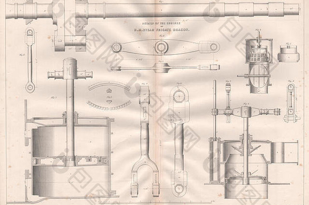 维多利亚时代工程画蒸汽护卫舰龙的引擎细节