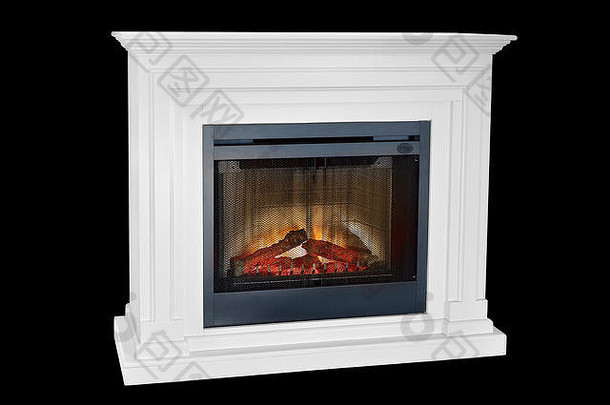 白色木燃烧壁炉咆哮的火焰经典优雅的设计孤立的黑色的背景剪裁路径包括壁炉一块