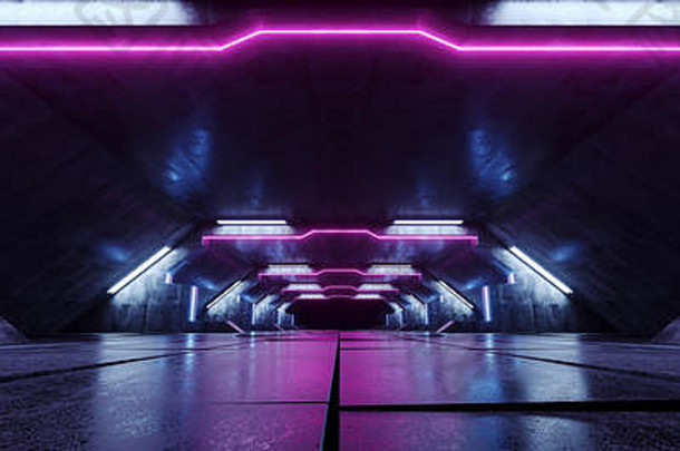紫外线蓝色的紫色的未来主义的三角形外星人宇宙飞船霓虹灯发光的黑暗长大大厅走廊隧道难看的东西混凝土反光平铺的地板上洞