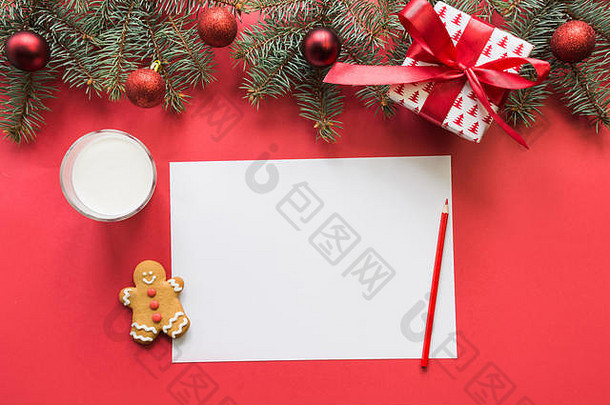 圣诞节检查表空空白信圣诞老人老人<strong>玻璃</strong>牛奶饼干姜饼红色的空间文本平躺视图