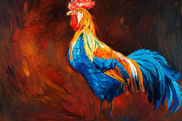 原始石油绘画蓝色的橙色公鸡旋塞首歌鸟帆布现代印象主义
