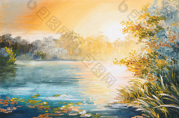 绘画日落湖明亮的日落
