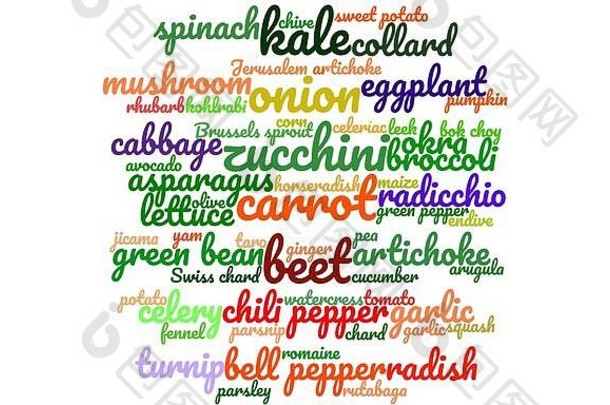 色彩斑斓的词云排版指蔬菜概念吃彩虹健康的吃素食者生素食主义者饮食秋天收获