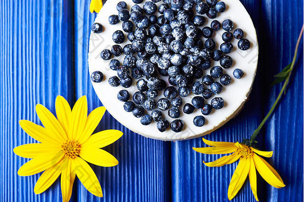 甜蜜的奶油蓝莓芝士蛋糕新鲜的蓝色的浆果蓝色的木背景黄色的花前视图