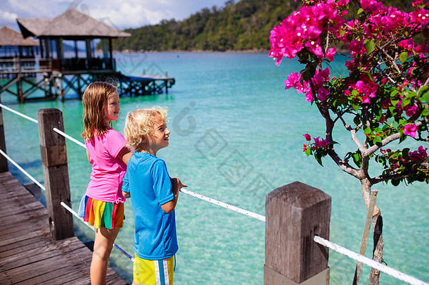 孩子们玩热带海滩孩子们看鱼珊瑚礁奢侈品度假胜地码头旅行年轻的孩子海海洋有趣的游泳太阳